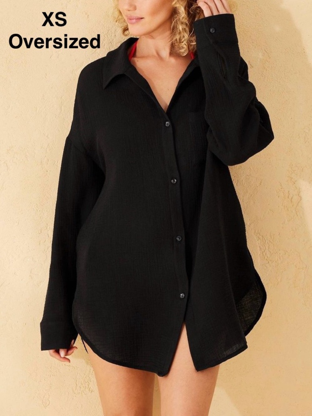 5/$15💥 Black Oversized Button-Up Women's Shirt Swim Coverup Lounge Casual